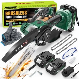 promo Millegu Mini Tronçonneuse à Batterie - Moteur Brushless, 6 Pouces Tronçonneuse Électrique Sans Fil 2 Batteries 2000mAh & 2 Chaînes, Coupe Branche Électrique pour la Coupe du bois, l'élagage le Jardin