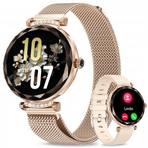 promo Fitonme Montre Connectée Femme，Appel Bluetooth, Montre Connectée étanche IP68 à écran Tactile AMOLED De 1,19 Po, 100+ Mode Sport，SpO2/Tensiomètre/Moniteur De Pouls/De Sommeil, pour iOS/Android Or