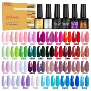 promo LEVIPE Vernis Semi Permanent 45 Pcs , 39 Couleurs + 2 Base ＋1 Top Coat Brillant ＋1 de Matte ＋1 de Diamant ＋1 de Fluorescent, Lot UV LED Vernis à Ongles Gels