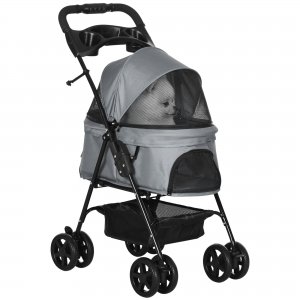 promo PawHut Poussette buggy pliable chien chat panier rangement porte-gobelets tissu 300D Oxford imperméable 4 roues gris