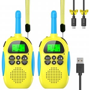 promo Ushining Talkie Walkie Enfants Rechargeable avec Radio à 2 Voies 16 Canaux, Fonction VOX Lampe de Poche LCD Rétro-éclairée, Talkie Walkie Longue Portée Enfant pour Aventures Extérieures Camping, Jaune