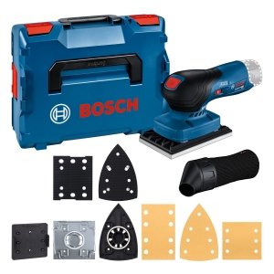 promo Bosch Professional 12V System ponceuse vibrante sans-fil GSS 12V-13 (compatible avec système Click & Clean Bosch, avec 3 plateaux, 3 feuilles abrasives, sac poussière, gabarit de perçage, dans L-BOXX)