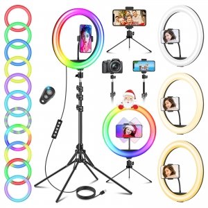 promo GerTong 12'' Ring Light avec Trépied Grand 1m77 70in, Anneau Lumineux Professionnel avec 40 RVB Mode 13 Niveaux pour Youtube/Maquillage, LED Lampe Anneau Lumière Flashs pour Appareils Photo