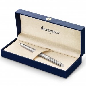 promo Waterman Hémisphère stylo bille luxe , acier inoxydable avec attributs chromés , pointe moyenne , encre bleue , coffret cadeau