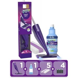 promo Swiffer WetJet Complet Balai Kit, 5 Lingettes + 1 Nettoyant Liquide + 2 Piles, Lingette Retient la Poussière et la Saleté