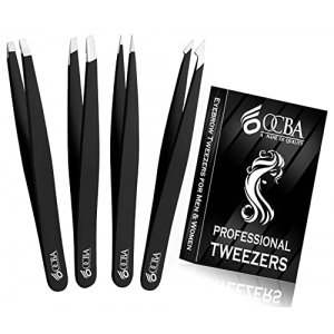 promo OCBA 4 pièces Pince à épiler les sourcils Pointe améliorée professionnelle avec revêtement antidérapant Pince pour épilation des poils Pince pointue (Noir) (4 Pack Black)