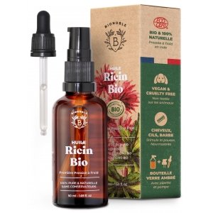 promo Bionoble Huile de Ricin Bio 50ml + Pipette et Pompe - Bouteille en Verre - 100% Pure, Naturelle, Pressée à Froid - Huile de Ricin pour Cheveux Cils Sourcils, Huile Barbe - Castor Oil, Huile Ricin