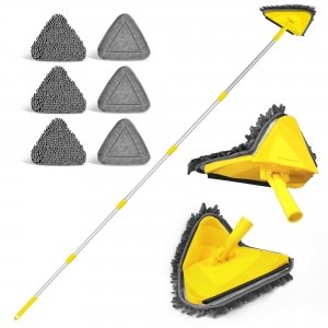 promo JEHONN Vadrouille de Nettoyage Rotative à 360°, Balai Plafond Triangulaire avec 202 cm Longue Poignée, Dernier cri 180°Serpillère Pliable avec 6 Microfibre Chenille Pads pour Mur, Plafond (Jaune)