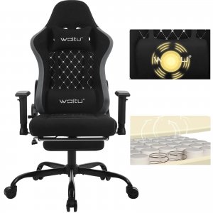 promo WOLTU Chaise Gaming Massante, Fauteuil Gaming, avec Coussin Lombaire Massant, Siège Large à Ressorts, Chaise Ergonomique avec Appui-tête, Repose-Pieds, Charge 150kg, Tissu Technique, Noir, GS09szg