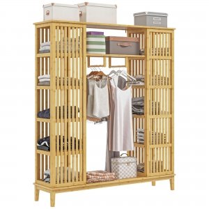 promo HOMCOM Armoire penderie en Bambou Armoire de Rangement avec 2 Portes coulissantes, étagères Ouvertes et Tringle pour la Chambre à Coucher, 145 x 35 x 165cm, Finition Bois Naturel