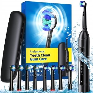 promo Brosse à dents électrique rotative pour adultes avec 8 têtes de brosse (2 types), puissance rechargeable et 2 minutes de temps intelligent, 4 modes de nettoyage (Noir avecétui)