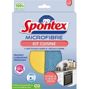 promo SPONTEX - Kit Microfibre Cuisine - 1 Microfibre Multi-usage et 1 Microfibre Cuisine - Absorbe et dégraisse efficacement