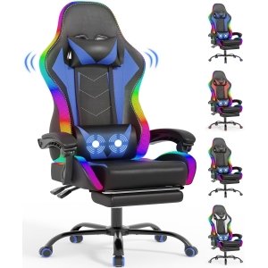 promo Devoko Chaise de Gaming LED avec Massage, Repose-Pieds et Coussin Lombaire - Ergonomique - avec Appui-tête réglable - Charge maximale : 180 kg (Bleu)