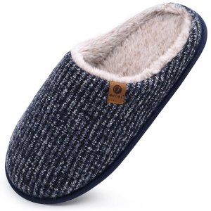 promo Chaussons Homme Pantoufles à Rayures Hiver Chaussures Chaudes pour La Maison en Mousse à Mémoire de Forme, Laine en Peluche Doublée Avec Semelle en Caoutchouc Antidérapante Bleu Peluche Taille 43