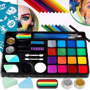 promo FLYISH DIRECT Maquillage Enfant Kit Peinture Visage Enfant, Maquillage Halloween, 18 grandes peintures à l'eau, 28 pochoirs, un gâteau arc-en-ciel, 2 craies pour cheveux 6 pinceaux 2 paillettes