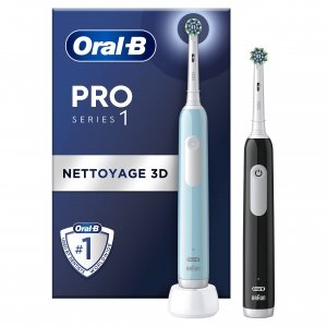 promo Oral-B Pro Series 1Lot de 2 Brosses à Dents Électriques, Bleu et Noir, 2 Brossettes Nettoyage 3D, Élimine la Plaque Dentaire, Minuteur, Rechargeable