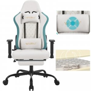 promo WOLTU Chaise Gaming Massante, Fauteuil Gaming, avec Coussin Lombaire Massant, Siège Large à Ressorts, Chaise Ergonomique avec Appui-tête, Repose-Pieds, Charge 150kg, Tissu Technique, Blanc, GS09bws