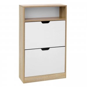 promo VASAGLE Meuble à Chaussures 2 Portes Battantes, Étagère à Chaussures, Compartiment Ouvert, Séparateur Réglable, 8 à 12 Paires, pour Petite Entrée, 24 x 60 x 102 cm, Blanc et Couleur Boisée LBC04NW