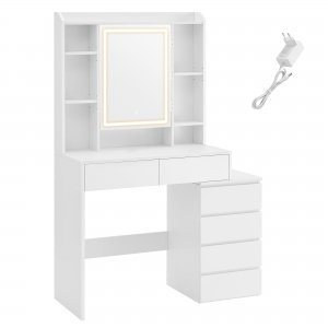 promo VASAGLE Coiffeuse, Grand Miroir LED à Luminosité Réglable, Table de Maquillage avec Miroir, Compartiments Ouverts, Étagères Réglables, Moderne, Blanc Nuage RDT124W01