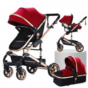 promo 3 en 1 Poussette Combinée Poussette Canne Poussette Citadine Poussette Système de Voyage pour Bébé Landau Poussette Paysage Haute pour Bébé Inclinable Pliable Poussette Standard (739 Red)