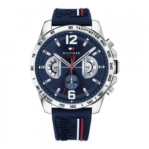 promo Tommy Hilfiger Montre Multifonction Quartz Analogique Homme 46mm - Bracelet en Silicone et Cadran Bleu Marine, 3 Sous-Cadrans, Résistante à l'Eau 5ATM - 1791476