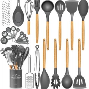 promo Batterie de cuisine 34 pièces en silicone résistant à la chaleur avec poignées de qualité, spatules antiadhésives, ustensiles de cuisine pour la cuisson et la pâtisserie