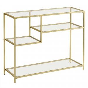 promo VASAGLE Console, Table de Couloir, Table d'appoint, Verre Trempé, Cadre en Métal, avec Étagères, 35x100x80 cm Moderne, pour Couloir Salon Couleur Or LGT022A61