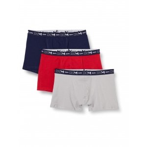 promo DIM Boxer Homme Coton Stretch Respirant Maintien Optimal x3, Bleu Denim/Rouge Topaze/Acier, M