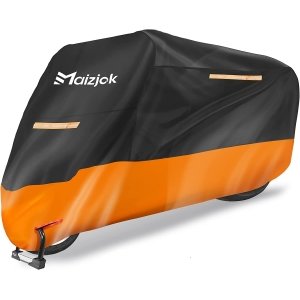 promo Maizjok Housse Moto Impermeable, Bâche Protection Moto Exterieur Interieur Étanche, 210D Protection au Pluie poussière UV, Motorcycle Cover Hiver Été pour Moto Vespa Scooter Moto (245x105x125cm)