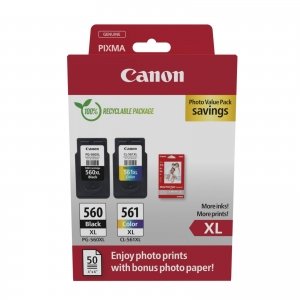 promo Canon Multipack Cartouche Encre & Papier - PG-560XL/CL-561XL Cartouches d'encre Authentique pour imprimante 2 Pack (1 x Black XL, 1 x Colour XL) & 4x6 Photo Paper (50 x Sheets)