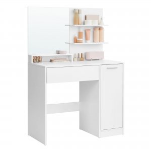 promo VASAGLE Coiffeuse avec Miroir, 1 tiroir, 2 étagères, Armoire de Rangement, Organisateur de Maquillage, Blanc RDT119W01