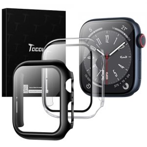 promo TOCOL 2 Pièces Coque pour Apple Watch Series SE/6/5/4 44mm，Protection Apple Watch Series SE/6/5/4 44mm HD Clear Case de Protection en Verre Trempé Intégré - Noir/Transparent