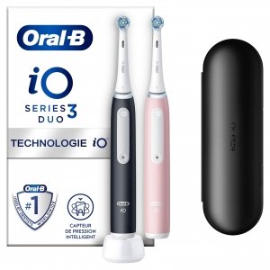 promo Oral-B iO 3N Lot de 2 Brosses à Dents Électriques, Noir et Rose, Brossette Ronde, Micro-Vibrations Douces, 3 Modes de Brossage, 1 Étui de Voyage, 1 Chargeur, 1 Porte-Brossettes