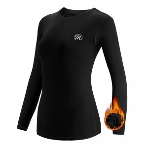 promo MEETWEE Tee Shirt Thermique Femme, Manche Longue Maillot de Compression Base Layer sous-Vêtements Thermique pour Sports Ski Running, Noir, Taille M