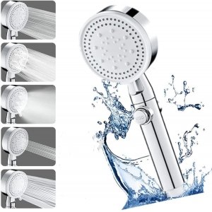 promo Lasuki Pommeau de douche Haute Pression à économie D'eau 5 types de jet pour bain et spa Pommeau Douche Anti Calcaire, Douchette à Haute Pression Shower Head de Massage(Argenté)