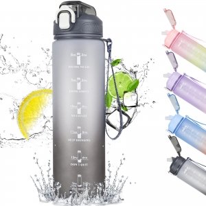 promo CodiCile Gourde Sport 1l avec paille,bouteille d'eau de motivation avec Marqueur de Temps,bouteille d'eau étanche avec couvercle sans BPA pour sport, gym, bureau, course à pied(gris)