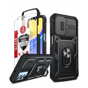 promo LeYi Coque pour Samsung Galaxy A15 4G/5G Antichoc Lentille Coulissante: 2 Verre Trempé+ Anneau Support,Protection de Caméra,PC Dur Renforcée Armor Heavy Duty Bumper Rigide Housse Etui Coque A 15-Noir