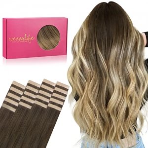 promo WENNALIFE Extension Adhesive Cheveux Naturel, 20pcs 50cm 50g Ombre Brun Noisette à Brun Cendré et Blond Décoloré Extension Cheveux Naturel Adhésif Colored Remy Tape in Hair Extensions