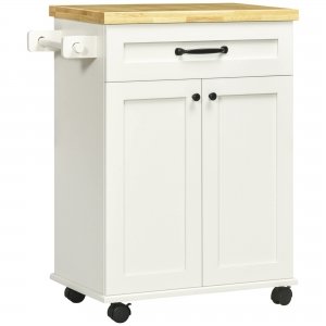 promo HOMCOM Desserte de Cuisine desserte à roulettes Chariot de Cuisine Multi-rangements 1 tiroir 1 Placard 1 Portes-torchons - Blanc et Plateau en Bois