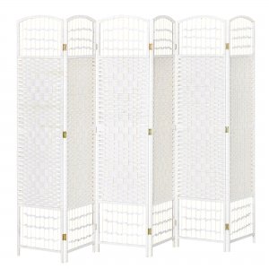 promo HOMCOM Paravent intérieur 6 Panneaux Pliables 242L x 170H cm séparateur de pièce Bois de peuplier Bambou Fibres de Papier tressée Blanc Paille