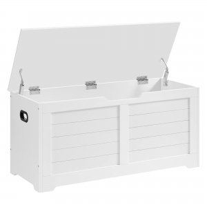 promo VASAGLE Coffre de Rangement, Banc Chaussures, Meuble pour Entrée, avec 2 Charnières de Sécurité, Imitation Grange, 40 x 100 x 46 cm, pour Couloir, Chambre, Salon, Blanc Nuage LSB061T10