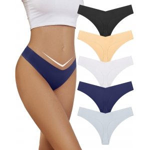 promo VOENXE Culotte Femme sans Coutures, Invisible String Tanga Taille Basse, Sexy Chic Slip Microfibre Shorty, sous-VêTements Seamless Thong Underwear Women Lot De 5