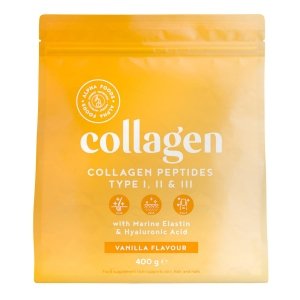 promo Collagene Poudre [400gr] | Collagen Peptides (Type I, II & III) | Élastine Marin + Acide Hyaluronique | Collagène Hydrolysé en Poudre pour Articulations, Cheveux, Ongles & Peau | Vanille | Alpha Foods