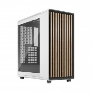 promo Fractal Design North Chalk White Tempered Glass Clear - Wood Oak Front - Glass Side Panel - Two 140mm Aspect PWM Fans Included - Intuitive Interior Layout Design - ATX Mid Tower PC Gaming Case