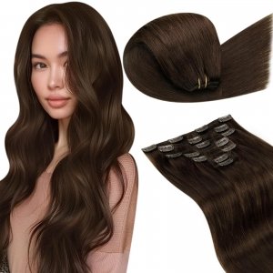 promo LaaVoo Extension Clip Cheveux Natural Marron Extension Cheveux Natural à Clip Extension de Cheveux 7pcs/105g 45cm Clip in Extension Cheveux Natueal Huamin Brun Lisse #4