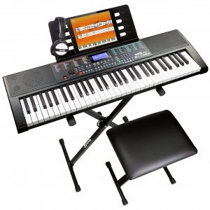 promo RockJam 61-Key Keyboard Kit de piano avec support de clavier, banc de piano, casque, autocollants de piano note et cours RJ660-SK Noir