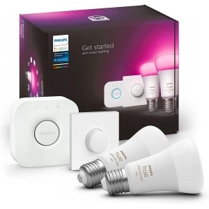 promo Philips Hue White and Color Ambiance, Kit de démarrage 2 ampoules connectées E27, 1100 lm, Pont et télécommande, compatible Bluetooth, fonctionne avec Alexa, Google Assistant et Apple Homekit