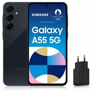 promo Samsung Galaxy A55 5G, Smartphone Android, 128 Go, Chargeur secteur rapide 25W inclus [Exclusivité Amazon], Smartphone déverrouillé, Bleu nuit, Version FR