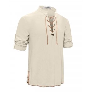 promo YAOHUOLE Chemise Lin Lacet Homme Chemise Homme Manches Longues Henley Shirt Chemise Viking Homme Kaki M