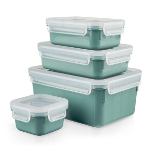 promo Tefal Masterseal Colour Edition Vert d'eau rectangulaire Set 4 pièces, 100 % hermétique, 100 % sans danger, compatible lave-vaisselle, coloris tendance N1031010
